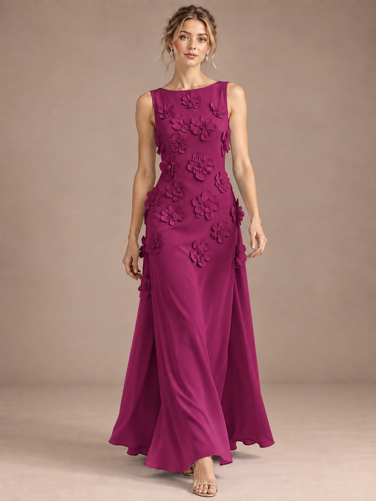3D Floral Applique Sleeveless Formal Maxi Dress