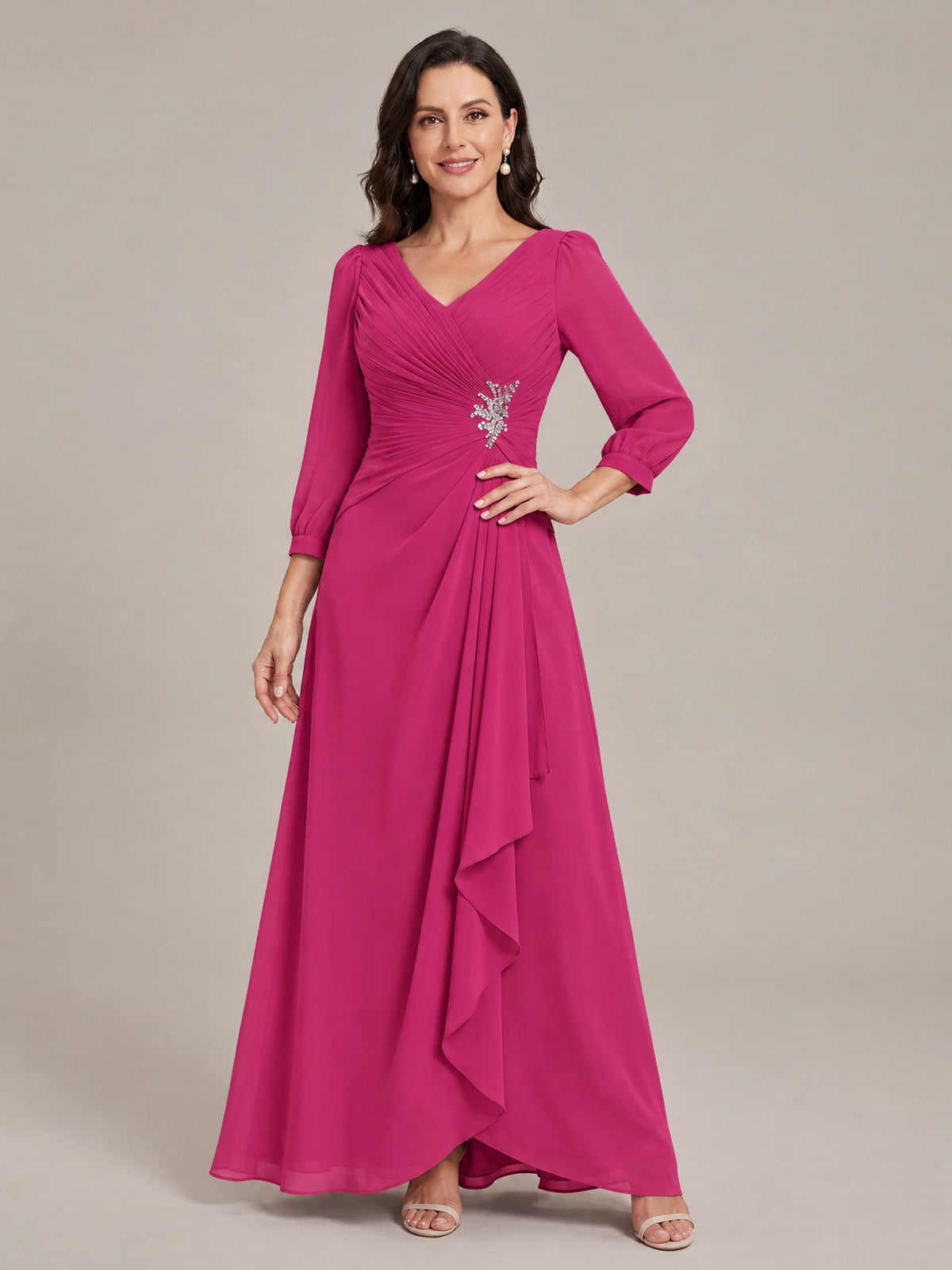 V-Neck Pleated Chiffon Mother of the Bride Dress with Flutter Sleeves