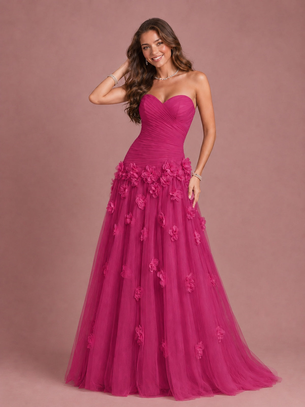 Blush Pink Strapless Sweetheart 3D Floral Tulle Ball Gown Prom Dres