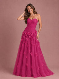 Blush Pink Strapless Sweetheart 3D Floral Tulle Ball Gown Prom Dres