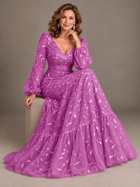 Floral Sequin Embroidered A-Line Mother of the Bride Dress with Long Sleeves