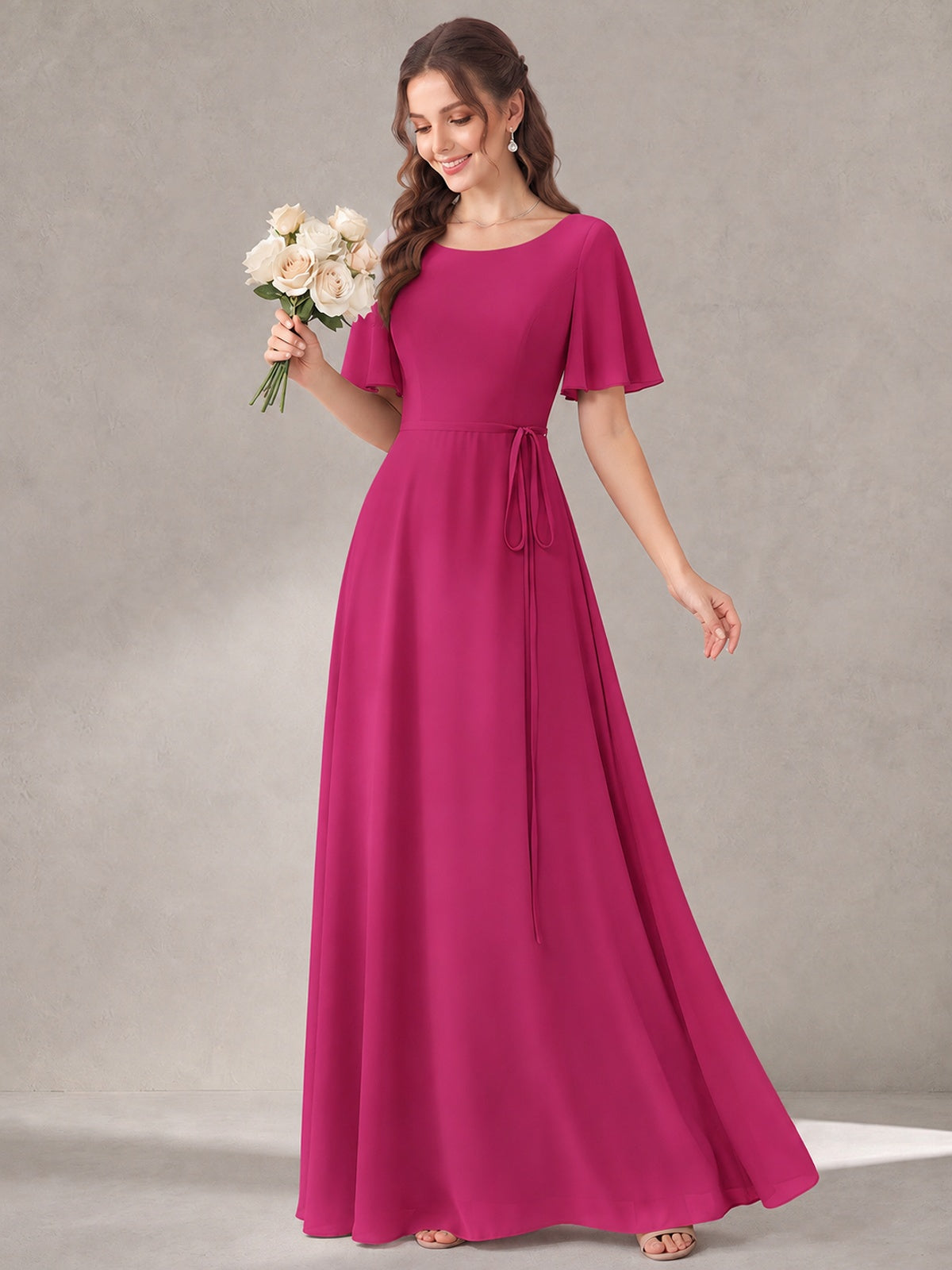 Scoop Neck A-line Chiffon Bridesmaid Dress with Flutter Sleeve & Belt