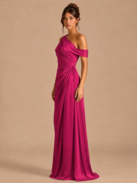Satin One Shoulder Prom Dress Ruched Long Formal Evening Gown