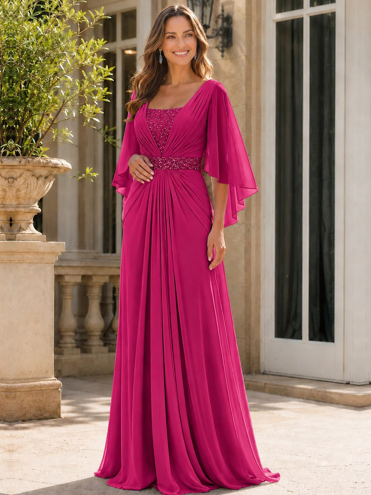 Elegant V-Neck Sequined Chiffon Mother of the Bride Dress with Flutter Sleeves
