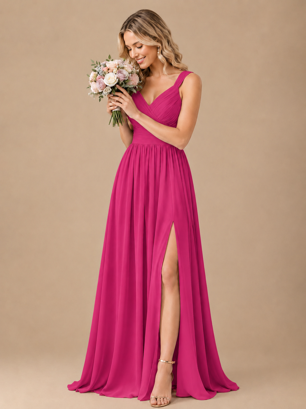 Pleated Chiffon V Neck Wedding Bridesmaid Dresses Floor Length with Slit