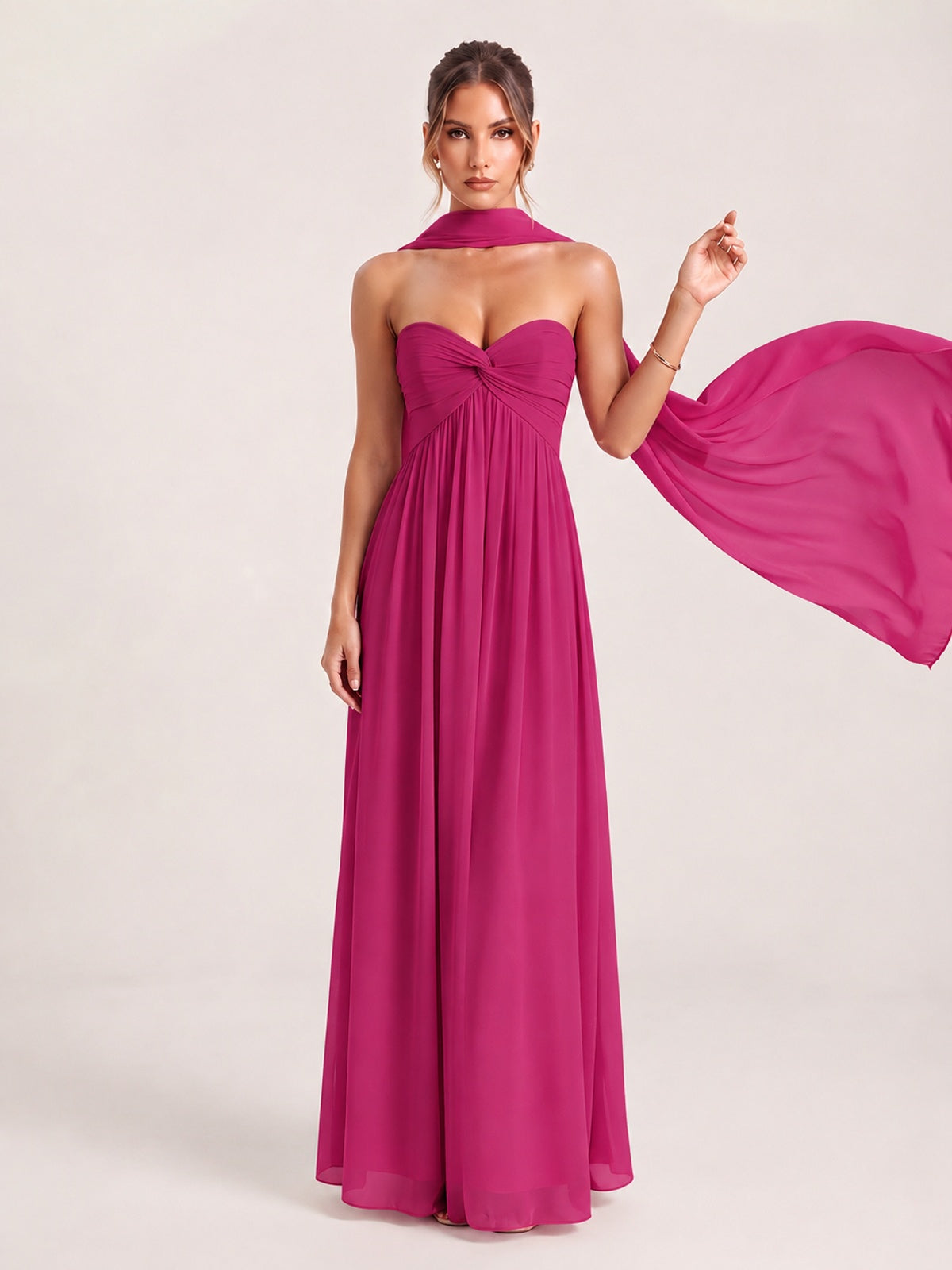 Strapless Ruched Chiffon Long Prom Dress with Scarf