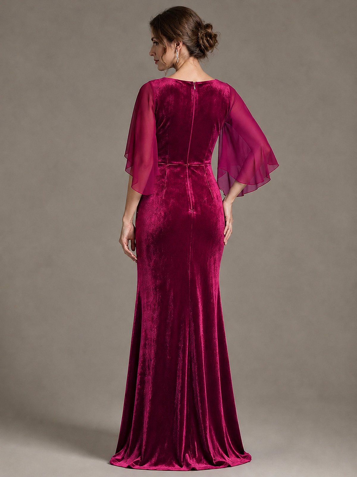 Navy Blue Velvet V Neck Mermaid Formal Dress with Flutter Cape Sleeves