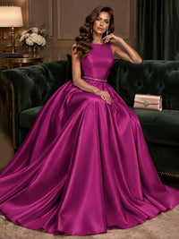 Satin A-Line Prom Dress Sleeveless Beaded Waist Formal Gown with Pockets