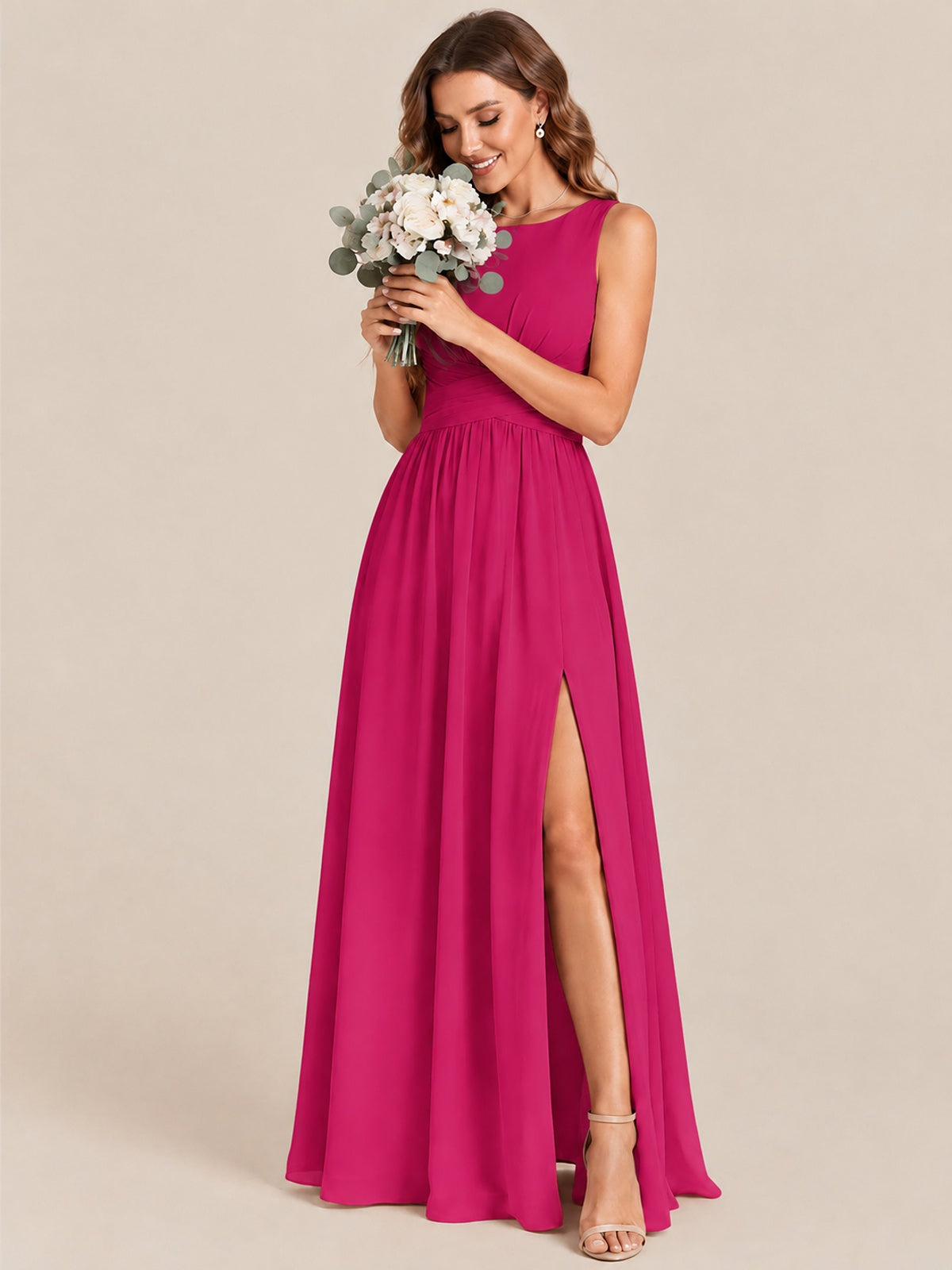 A-line Sleeveless Rucehd Chiffon Bridesmaid Dress with High Slit
