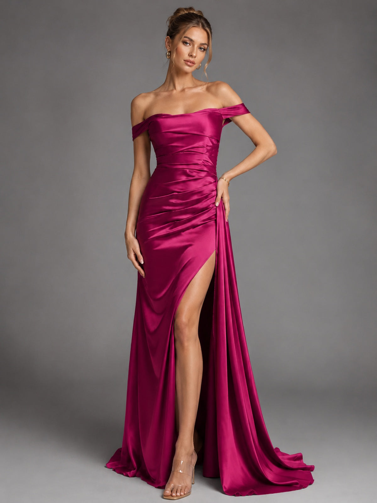 Off Shoulder Satin Maxi Dress with Slit