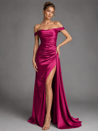 Off Shoulder Satin Maxi Dress with Slit