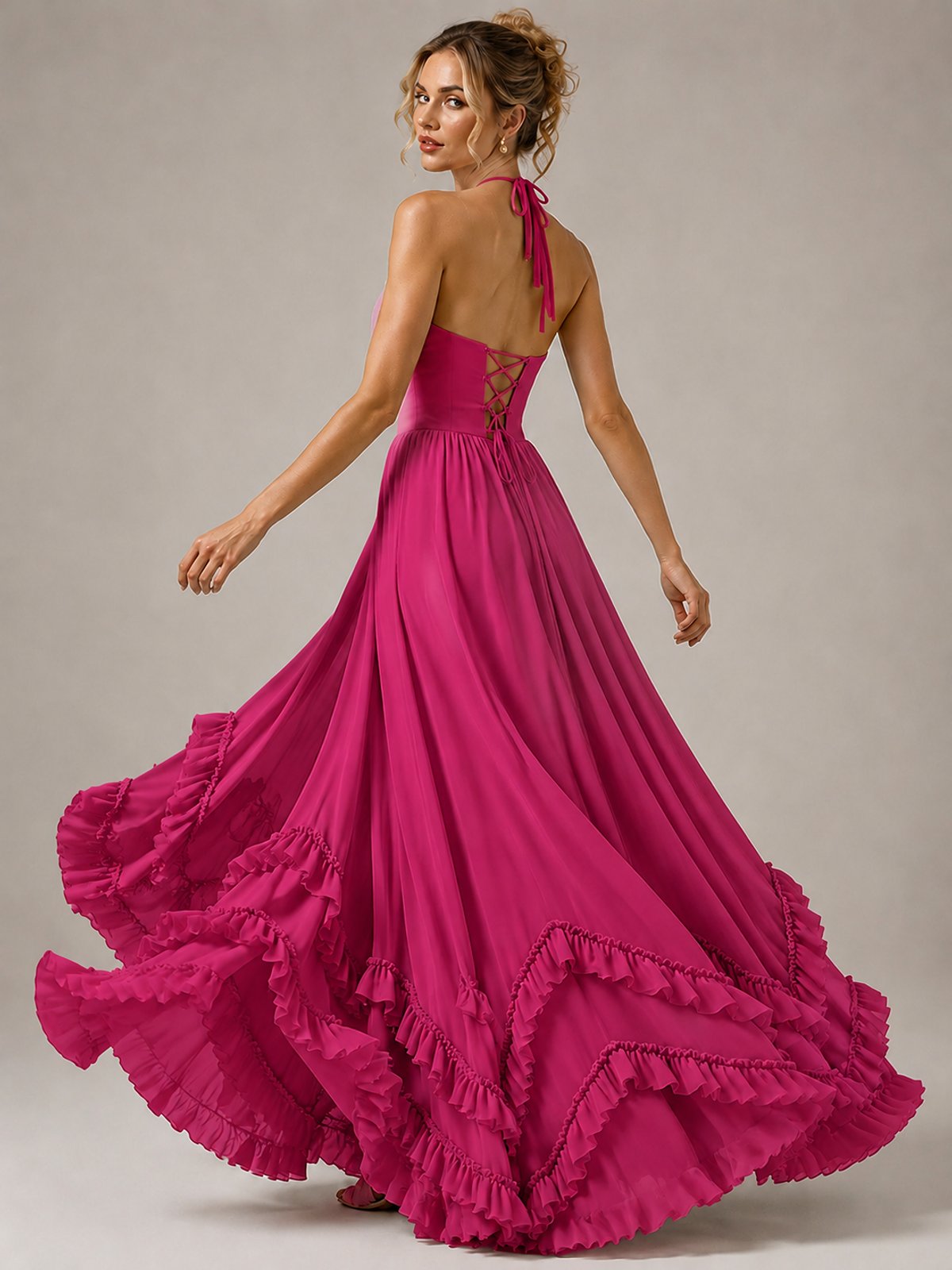 Halter V Neck Chiffon Formal Dress with Lace-Up Back and Ruffle Hem