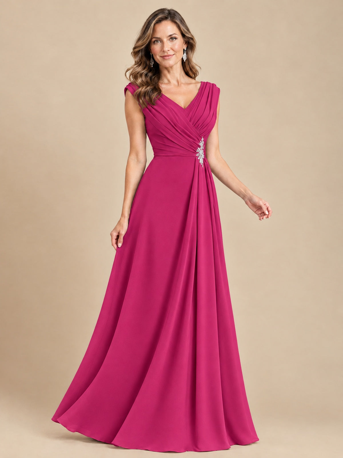 V Neck Pleated Mother of The Bride Dresses with Beading Cap Sleeves