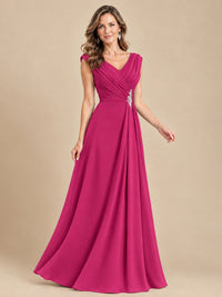 V Neck Pleated Mother of The Bride Dresses with Beading Cap Sleeves