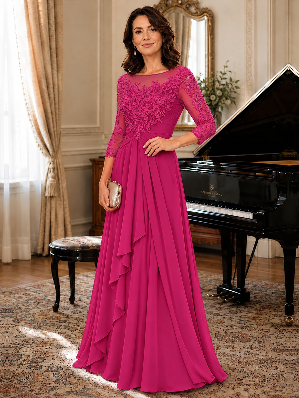A-Line Chiffon Mother of the Bride Dress with Floral Applique 3/4 Sleeves