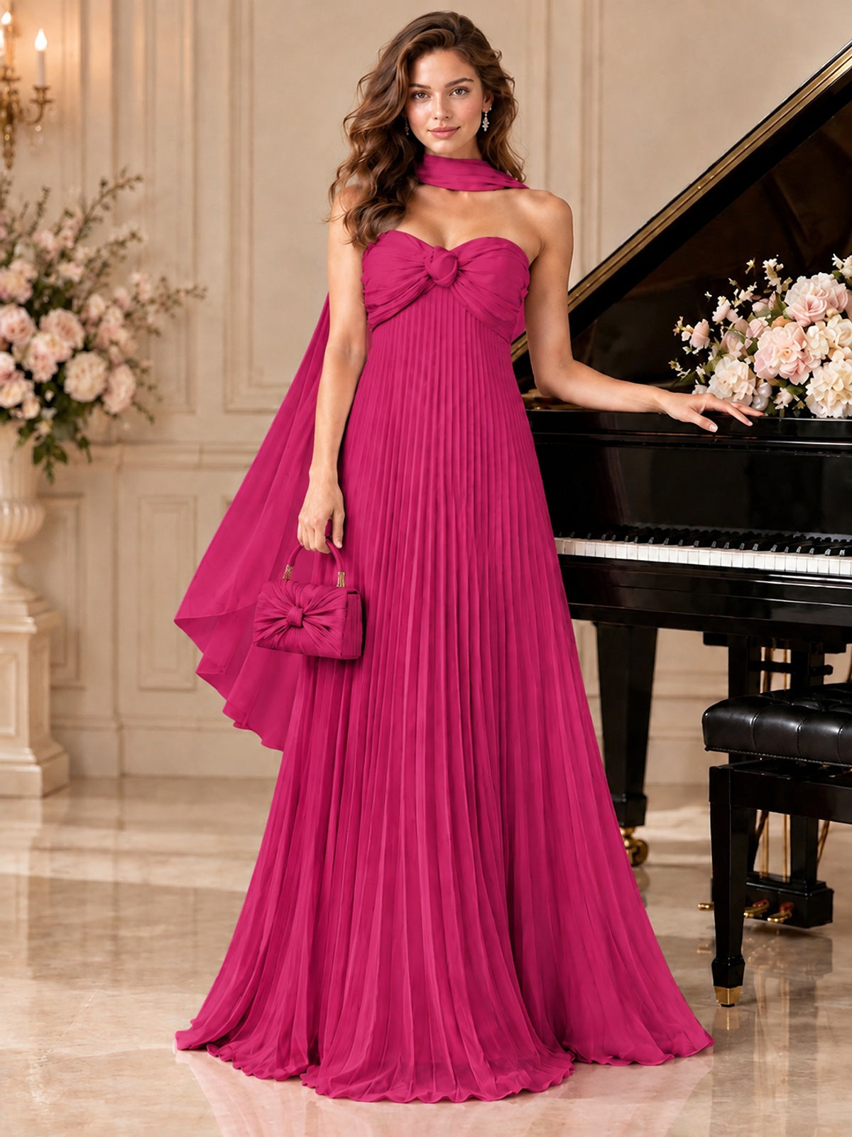 Sweetheart Neckline Pleated Prom Dress Strapless A-line Formal Dress with Flowy Scarf