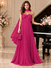 Sweetheart Neckline Pleated Prom Dress Strapless A-line Formal Dress with Flowy Scarf