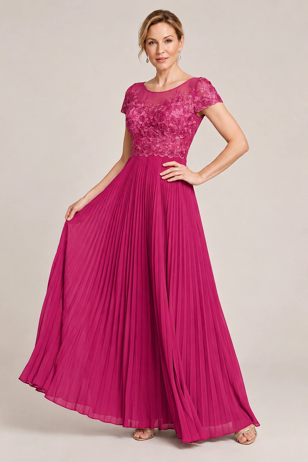 Embroidered Lace Pleated Mother of the Bride Dress