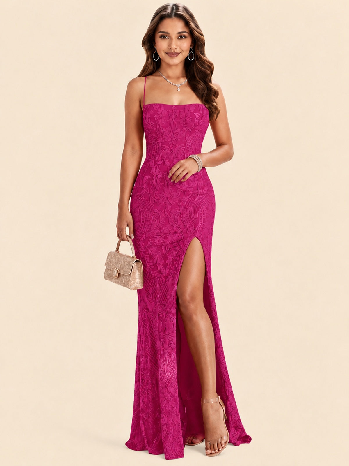 Sequin Lace Appliques Mermaid Prom Dress Spaghetti Strap Formal Gowns with Slit