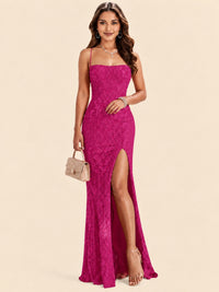 Sequin Lace Appliques Mermaid Prom Dress Spaghetti Strap Formal Gowns with Slit