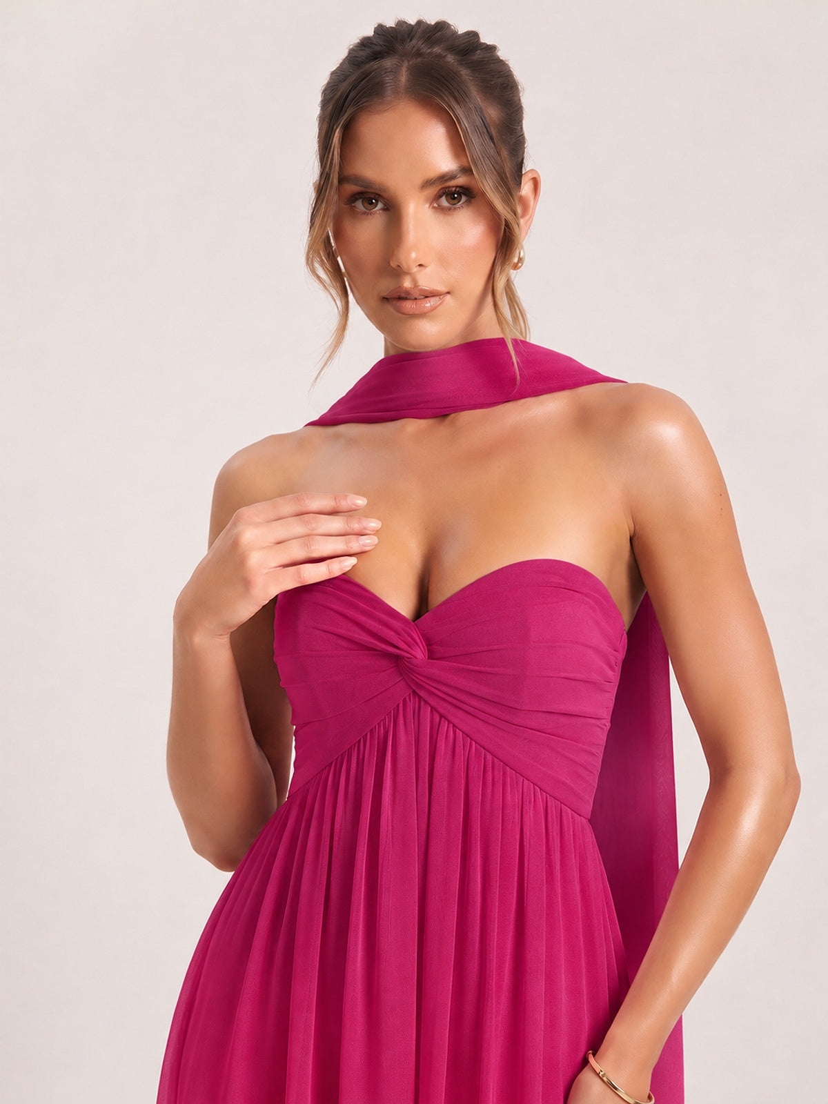 Strapless Ruched Chiffon Long Prom Dress with Scarf