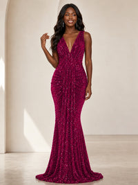 Sequin Mermaid Prom Dress with V-Neck and Ruched Waist