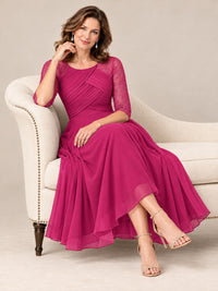 Tea-Length Mother of the Bride Dress with Lace 3/4 Sleeves