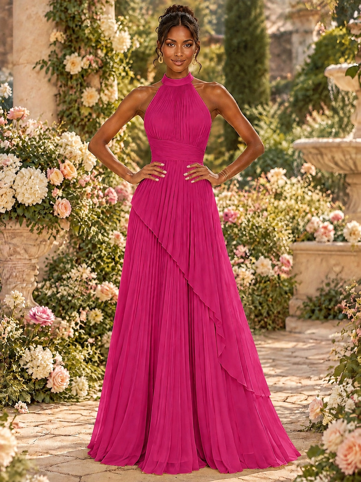 Wrap Pleated Prom Dress Halter A-line Chiffon Formal Wedding Dress