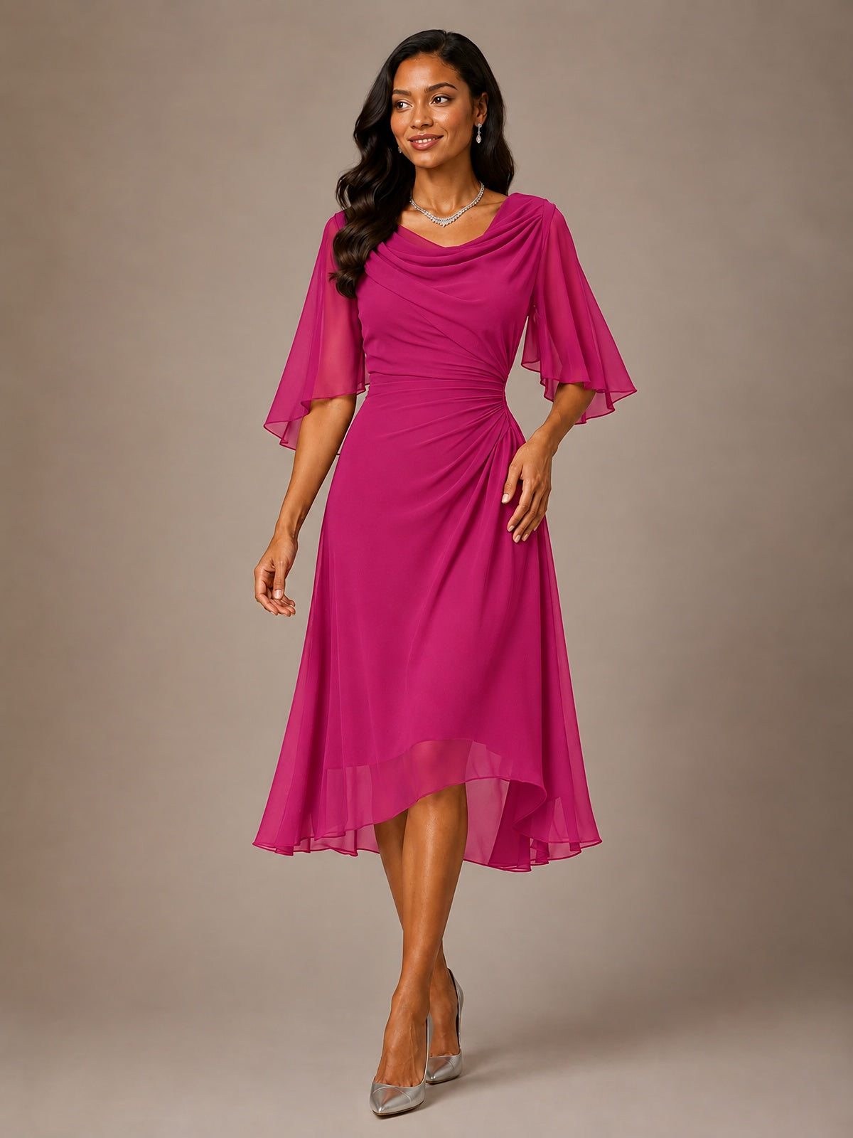 Cowl Neck Ruched Chiffon Mother of the Bride Dresses with Flutter Sleeves
