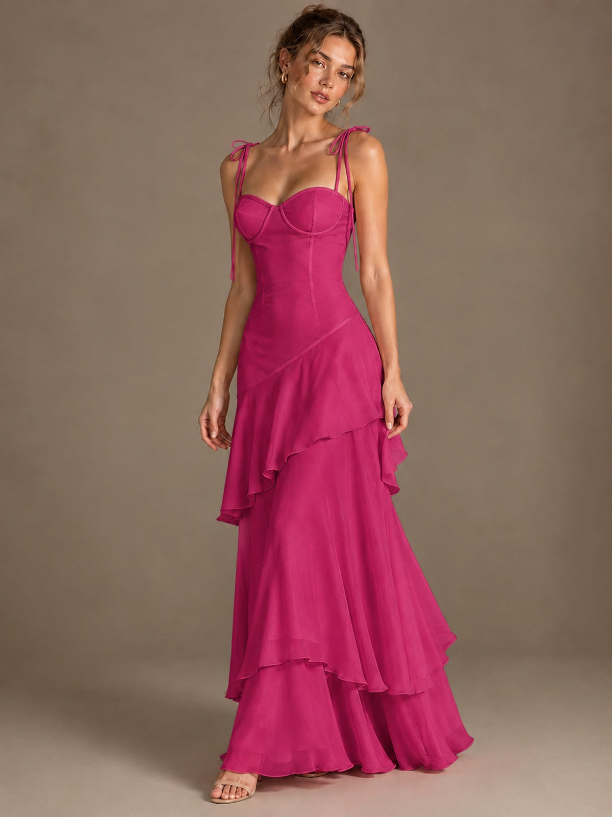 Spaghetti Strap Tiered Ruffles Chiffon Prom Dress
