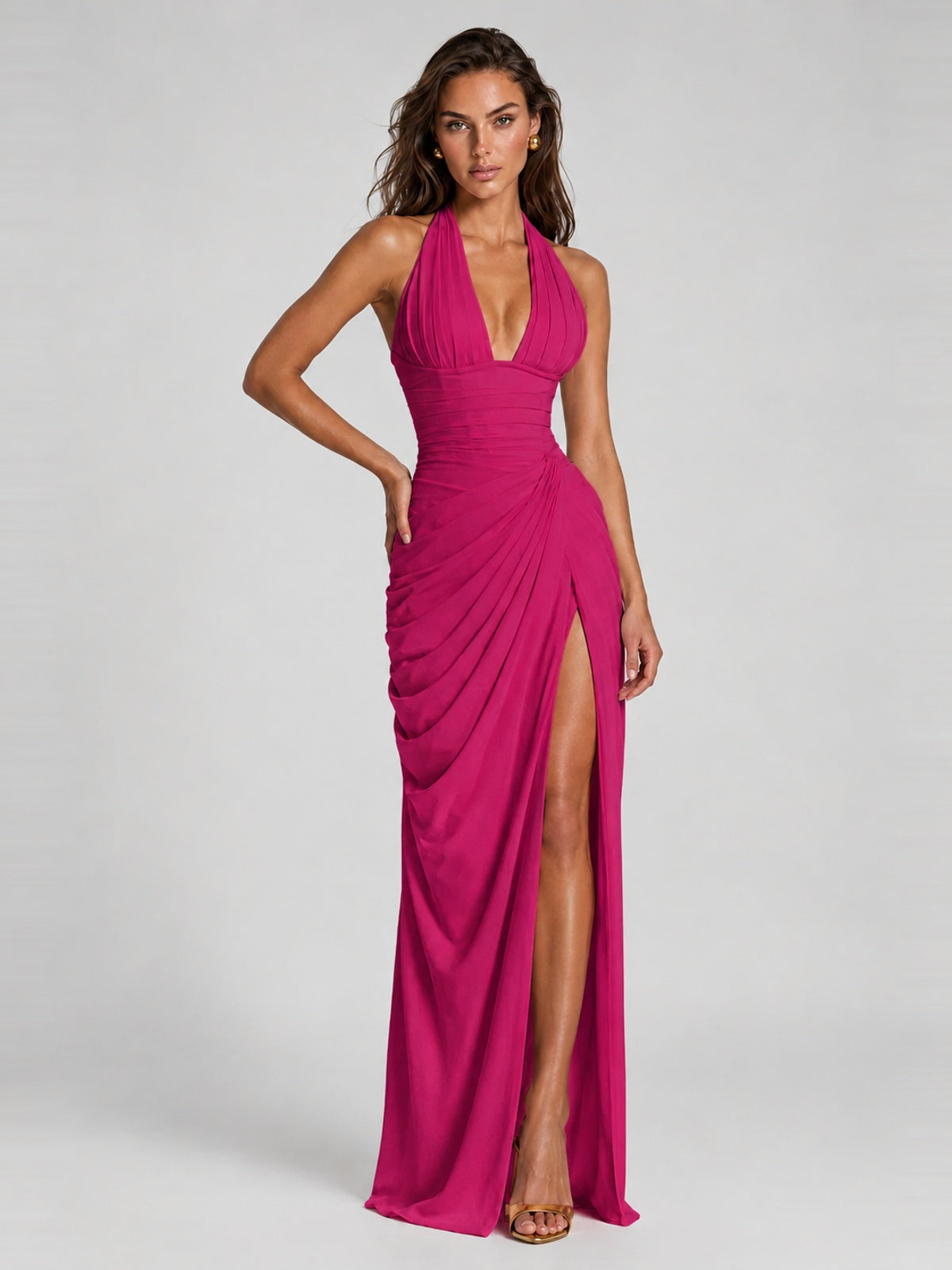 Ruched Halter Neck High-Slit Prom & Evening Dress