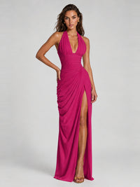 Ruched Halter Neck High-Slit Prom & Evening Dress