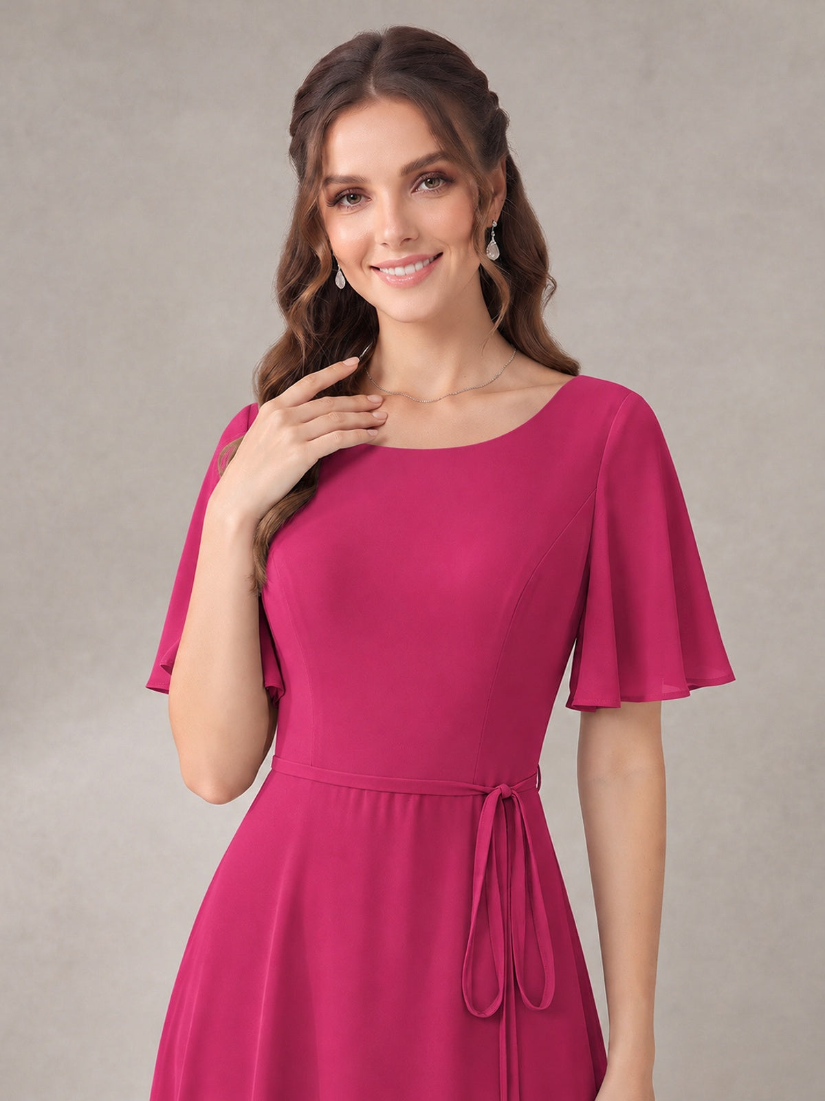 Scoop Neck A-line Chiffon Bridesmaid Dress with Flutter Sleeve & Belt