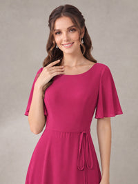 Scoop Neck A-line Chiffon Bridesmaid Dress with Flutter Sleeve & Belt