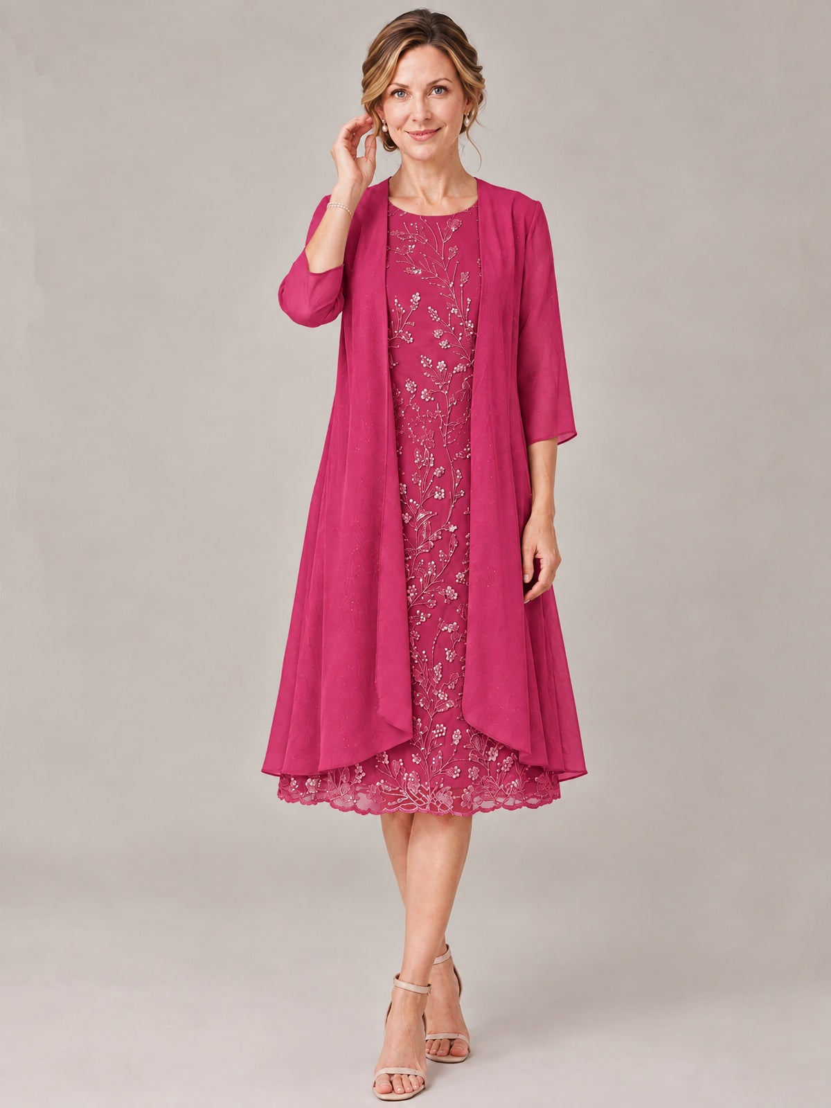 Tea Length Sequin Lace Mother of The Bride Dress with Chiffon Jacket