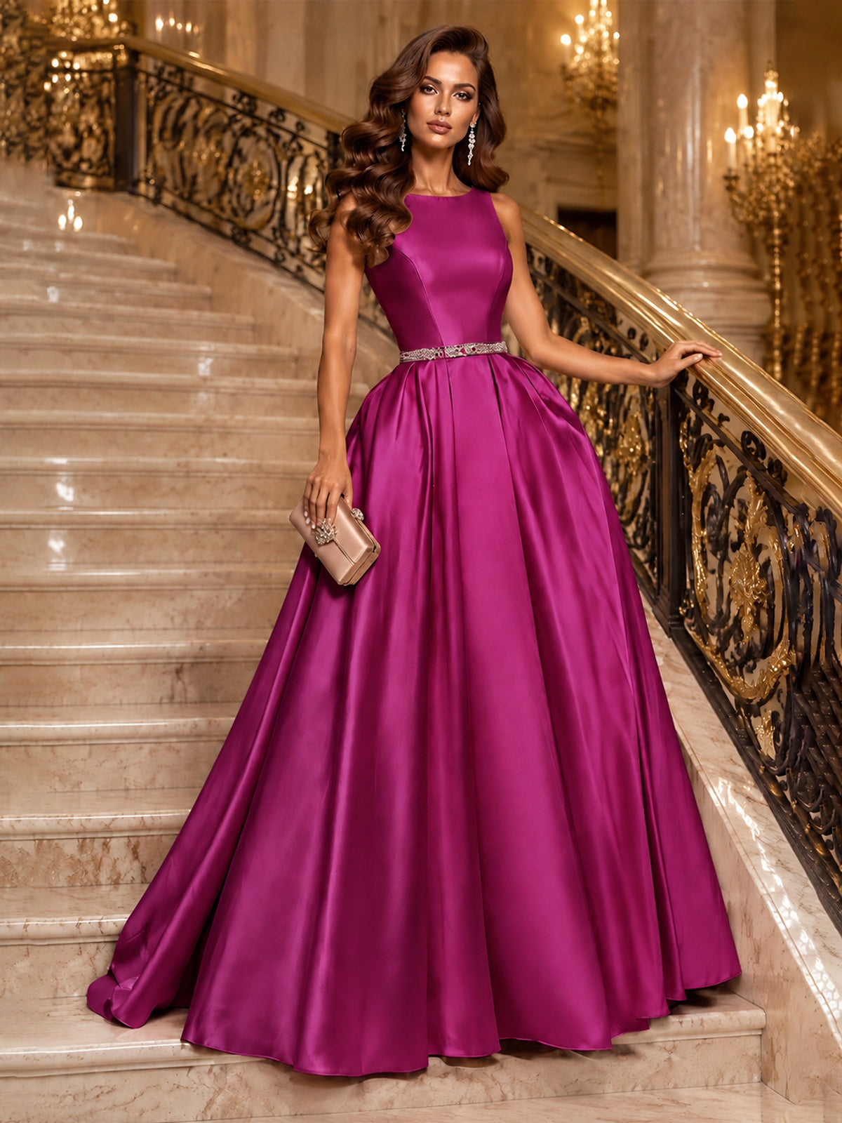 Satin A-Line Prom Dress Sleeveless Beaded Waist Formal Gown with Pockets