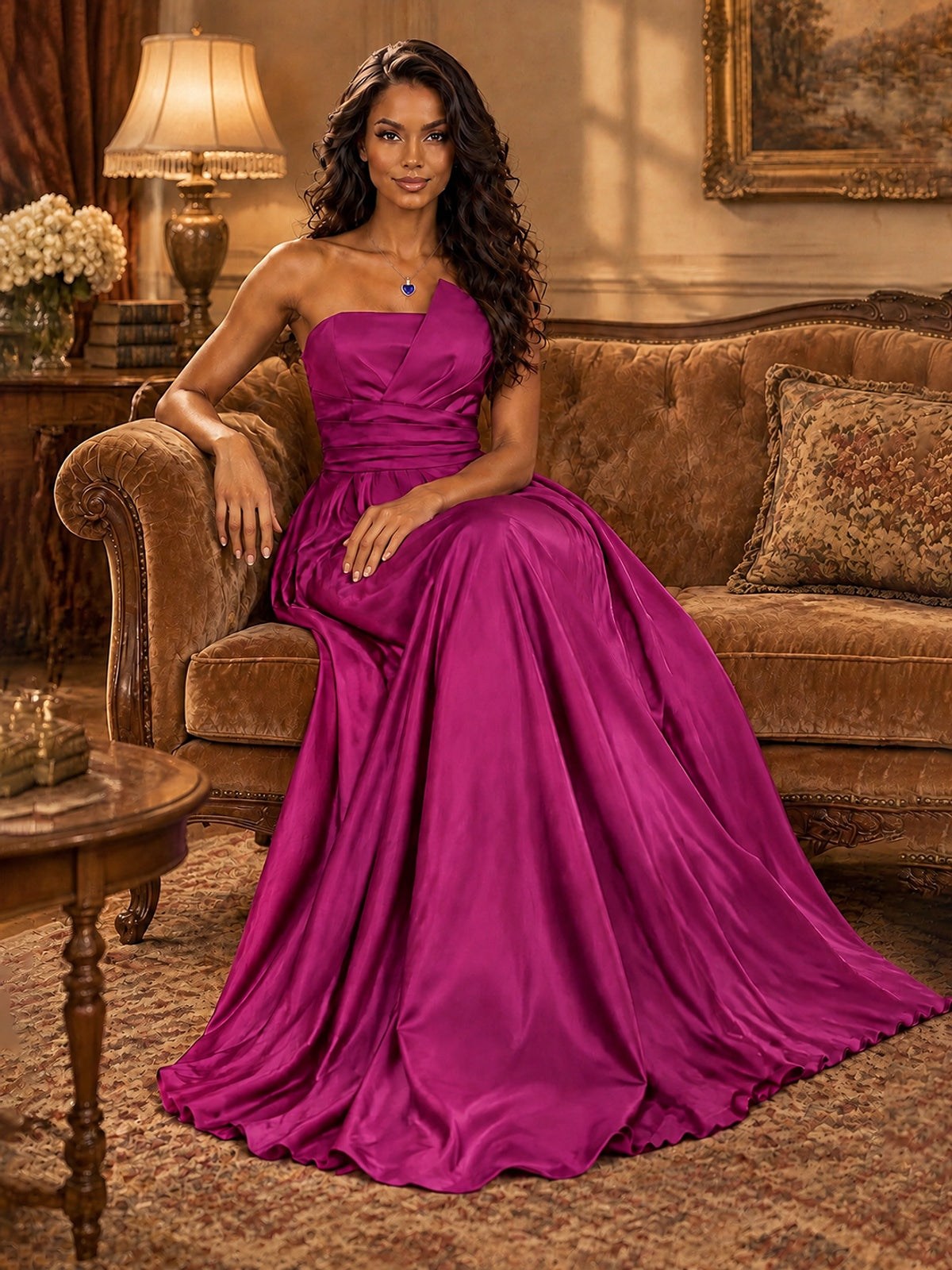 Draped Satin Prom Dress Strapless A-line Formal Dress Floor Length