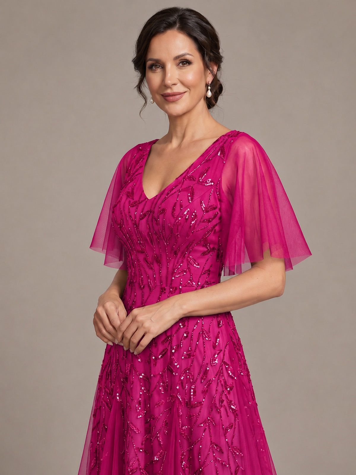 V-Neck Sequin Tulle Mother of the Bride Dress with Flutter Sleeve