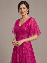 V-Neck Sequin Tulle Mother of the Bride Dress with Flutter Sleeve