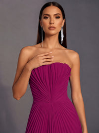 Strapless A-line Long Pleated Satin Prom Dress
