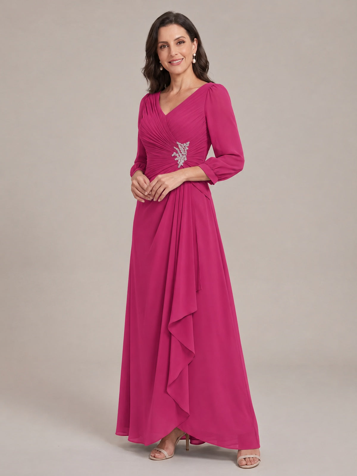 V-Neck Pleated Chiffon Mother of the Bride Dress with Flutter Sleeves