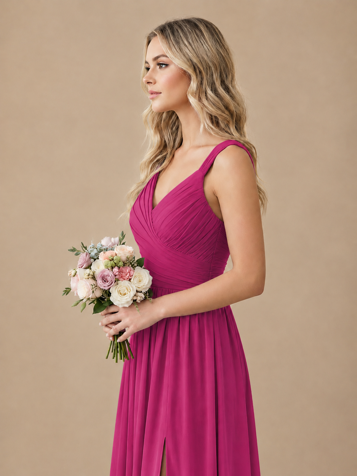 Pleated Chiffon V Neck Wedding Bridesmaid Dresses Floor Length with Slit