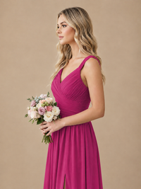 Pleated Chiffon V Neck Wedding Bridesmaid Dresses Floor Length with Slit