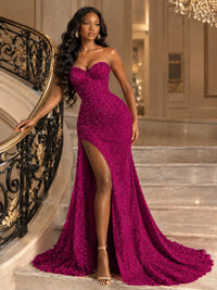 Beaded Sequin Prom Dress Strapless Formal Gowns with High Slit Train
