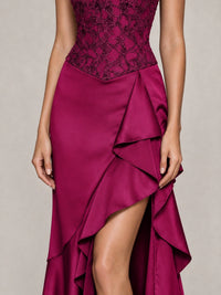 Strapless Lace Appliques Corset Satin Prom Dress Ruffle Slit Evening Gown