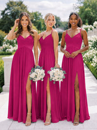 V-Neck Pleated Chiffon Long Bridesmaid Dress with Slit