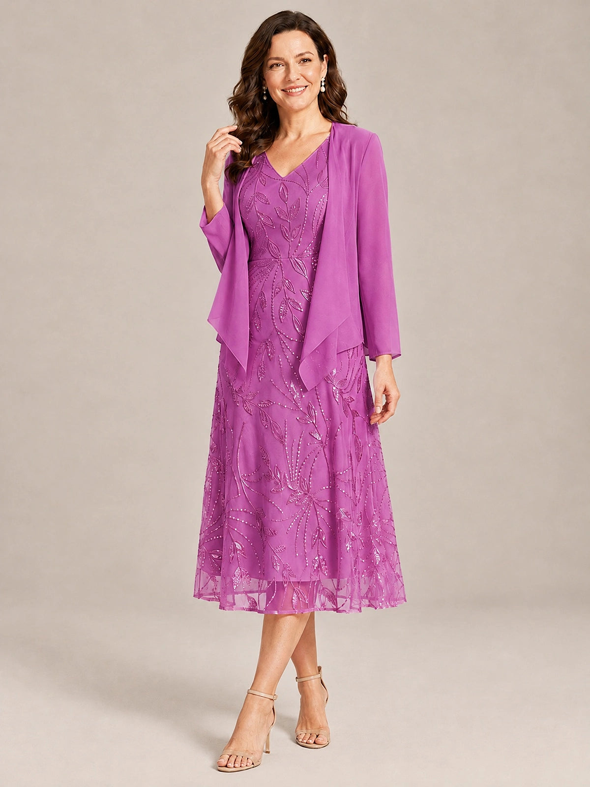 Tea Length Sequin Lace Mother of the Bride Dress with Chiffon Jacket