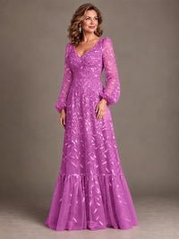 Floral Sequin Embroidered A-Line Mother of the Bride Dress with Long Sleeves