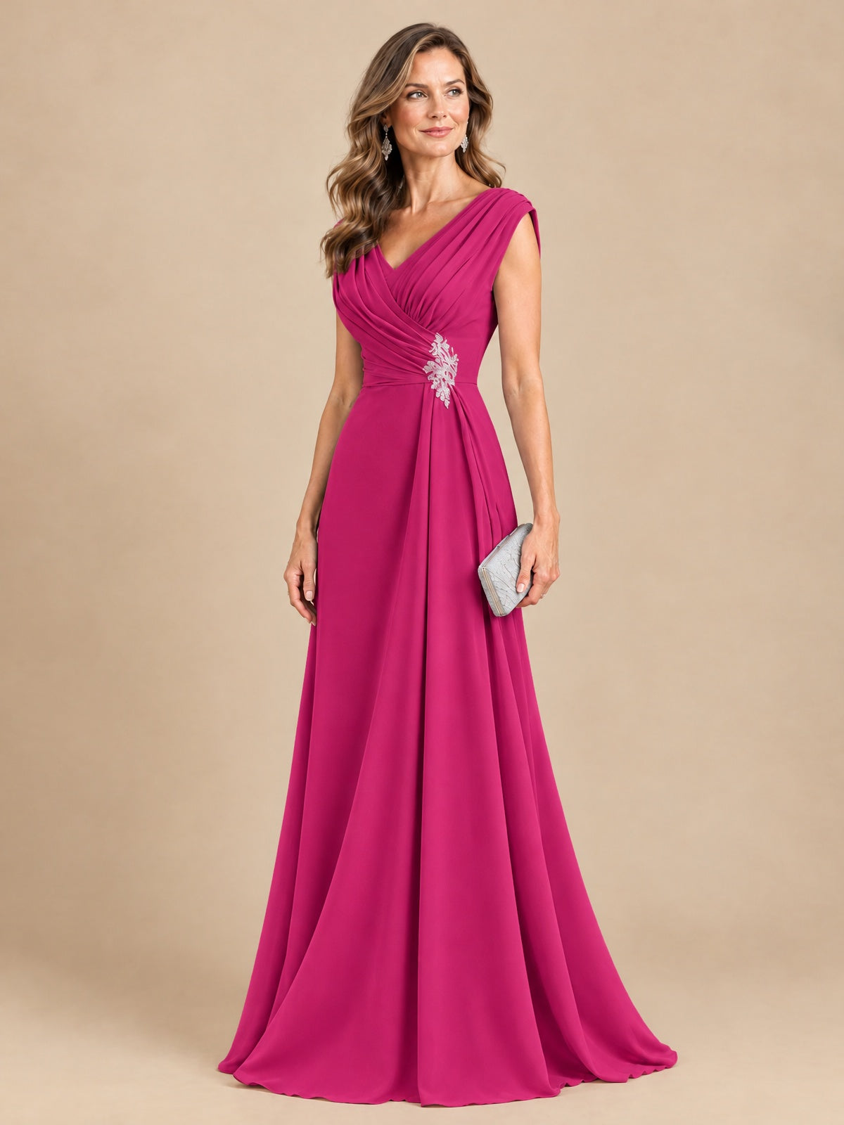 V Neck Pleated Mother of The Bride Dresses with Beading Cap Sleeves
