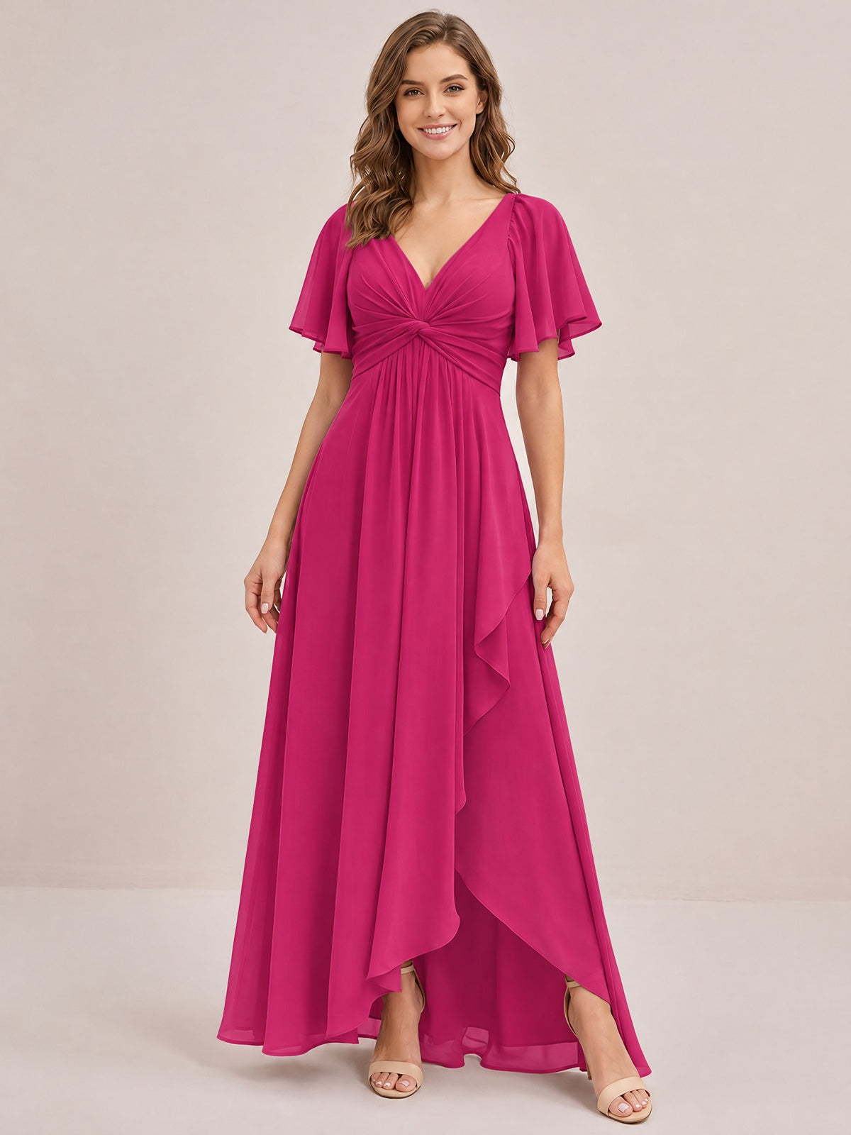 Dusty Blue Chiffon Bridesmaid Dress with Flutter Sleeves & High-Low Hem